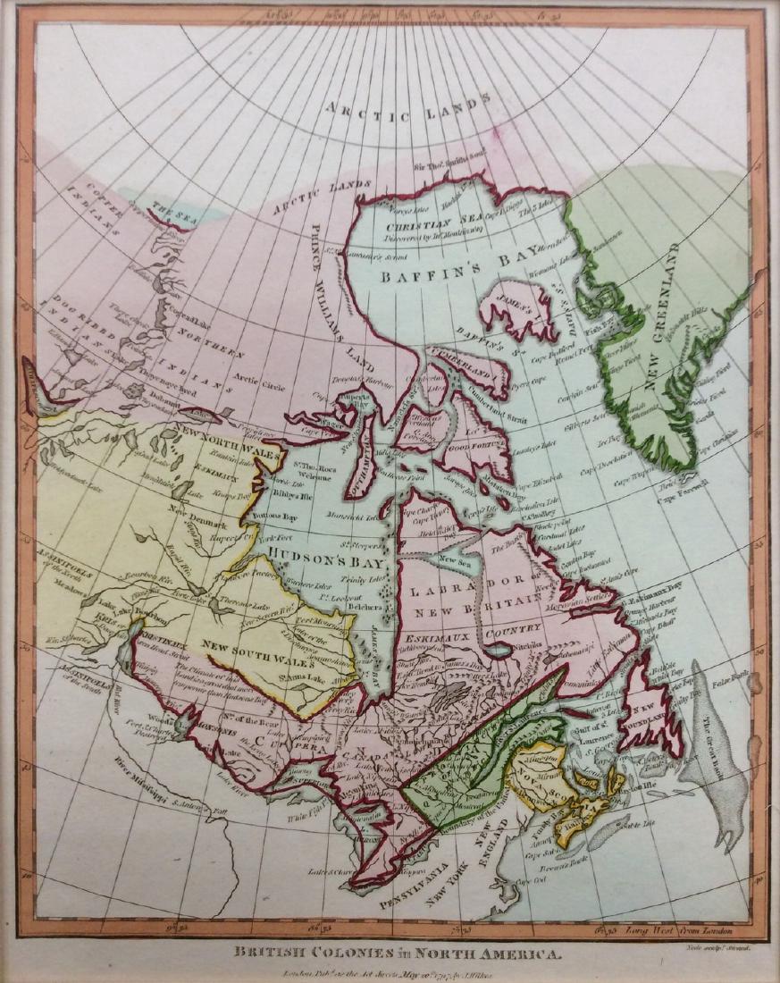 Wikes: Antique Map of Canada, 1797: Title/Content of Map: 1797 Canada Date Printed: 1797 Cartographer: J. Wikes Material/Medium: Paper Size: 7 1/2" x 9 1/2" Rare Map. Published in London. Hand colored copperplate engraved. Map shows Bri