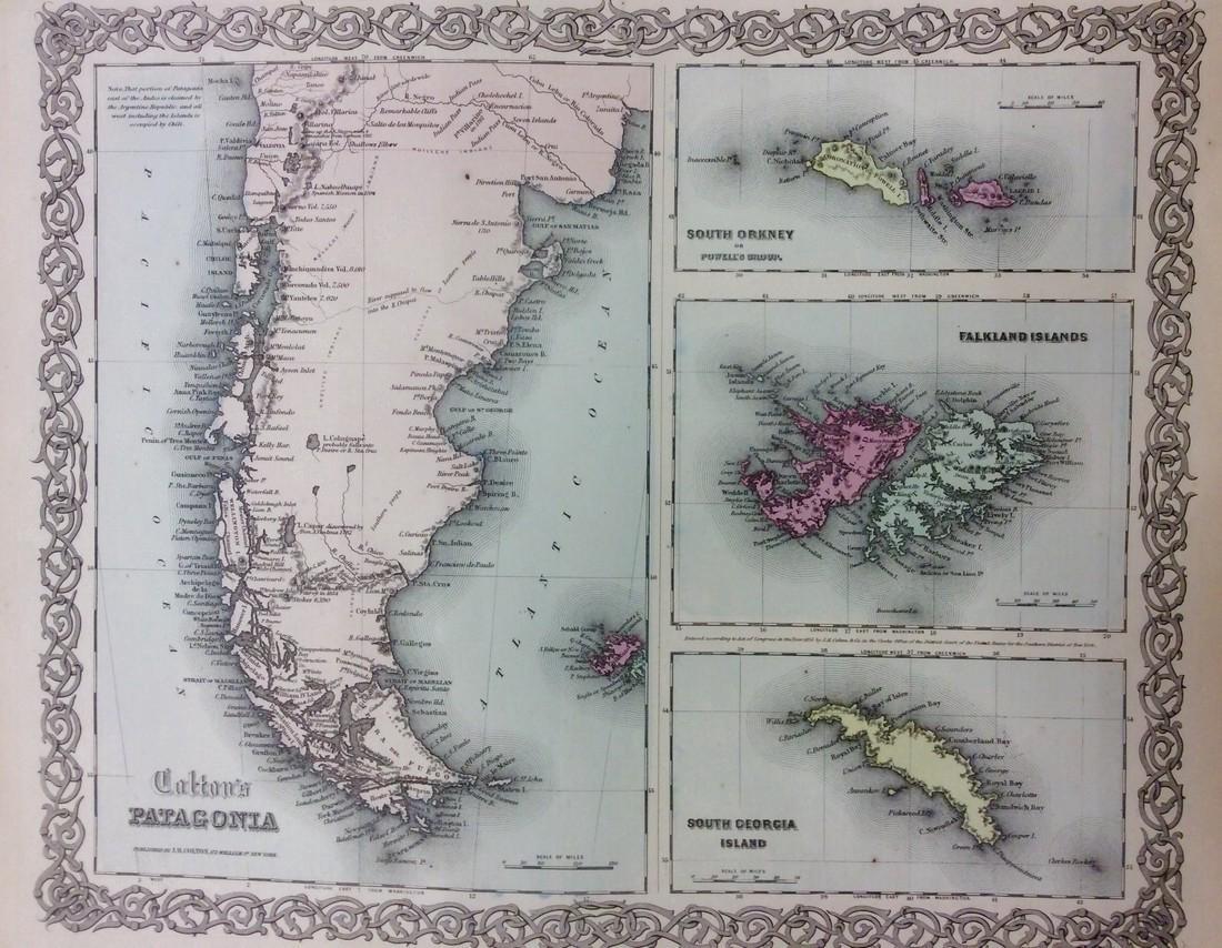 Colton: Antique Map of Patagonia, Falkland Islands 1861: Title/Content of Map: Patagonia, Falkland Islands Date Printed: 1861 Cartographer: J.H. Colton Material/Medium: Paper Size: 17 1/2" x 14" Hand colored, steel engraved. From 'Colton's General Atlas.' P