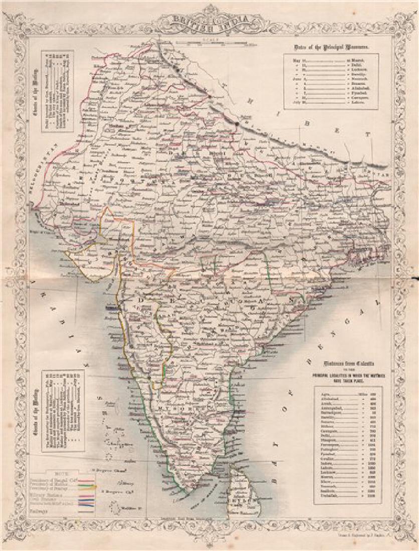 Tallis/Rapkin: Antique Map of British India, 1858: Title/Content of Map: 'British India' Railways. Military bases. Mutiny events. Date Printed: 1858 Image Size: Approx 33.5 x 25.5cm, 13.25 x 10 inches (Large) Type: Antique steel engraved map with orig