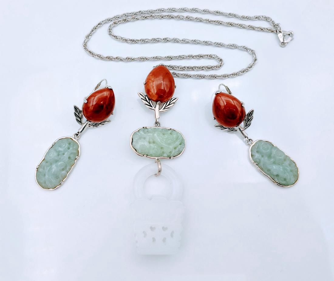 Sterling Silver Jasper Jade Necklace Earrings Set (1 of 4)