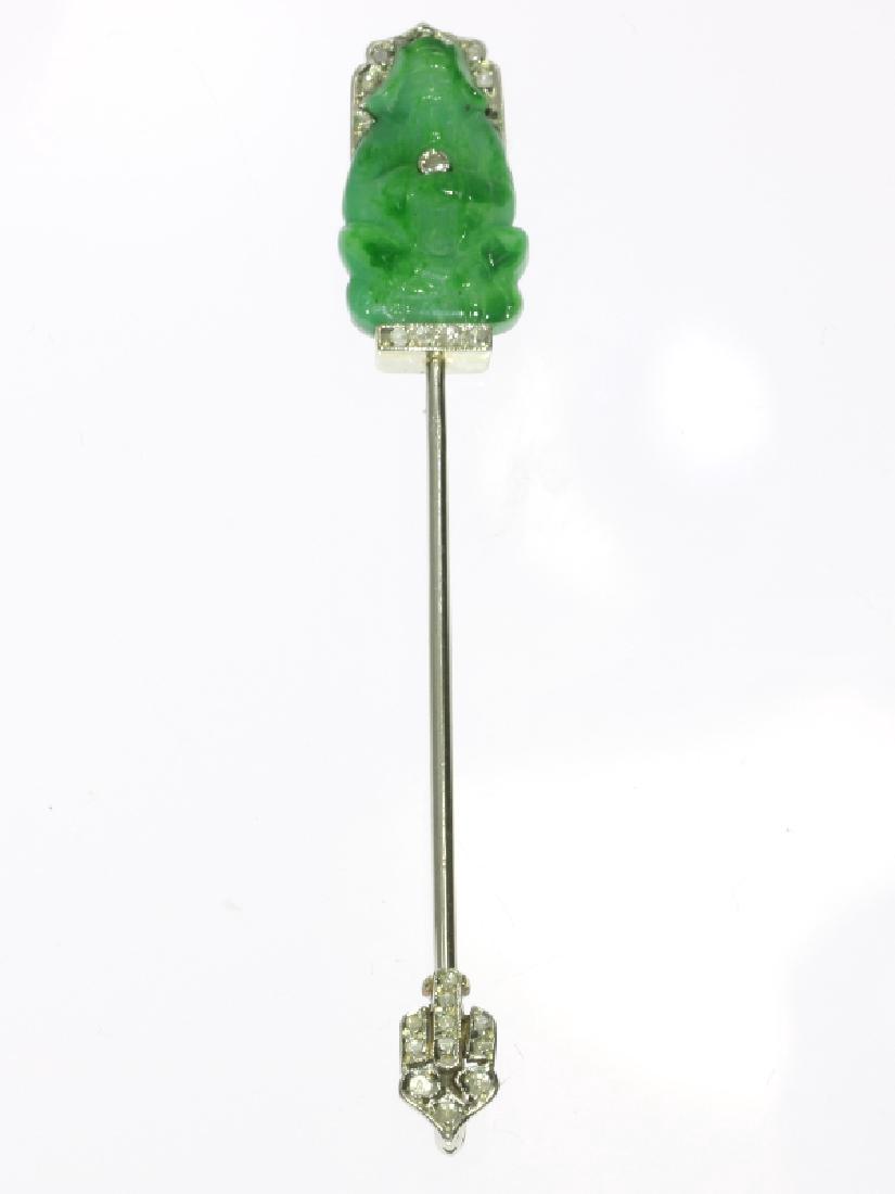 Antique Art Deco 18K Gold Strass Diamond Jabot Pin: Item: Art Deco Jabot Pin Diamond Rose Cut Surrounded Jade Colored Chinese Mandarine Condition: excellent condition. Country of origin: France. Style: Something between Art Deco and Belle Époque Perio