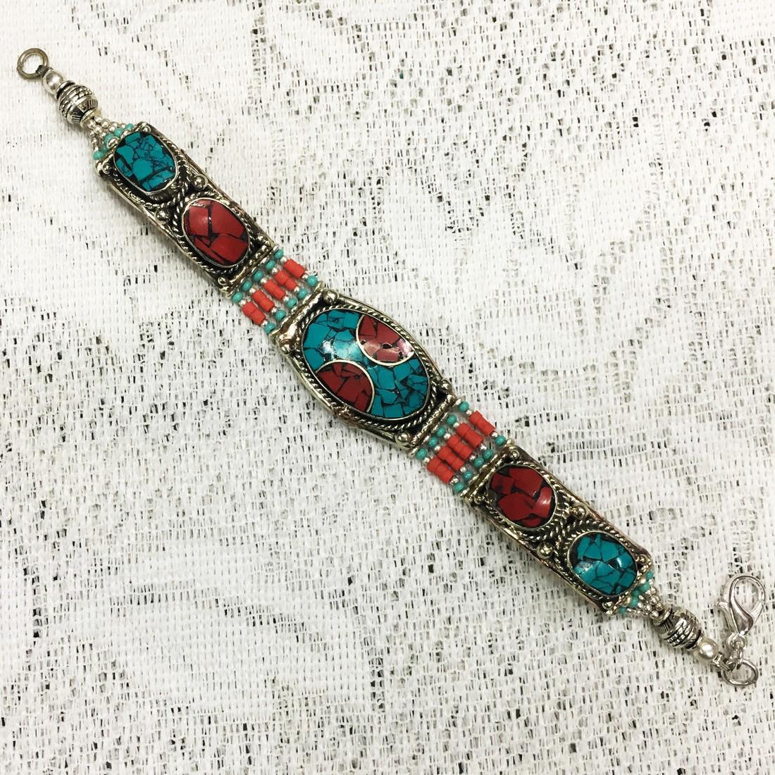 Tibetan Silver Ethnic Green Turquoise Coral Bracelet (1 of 1)