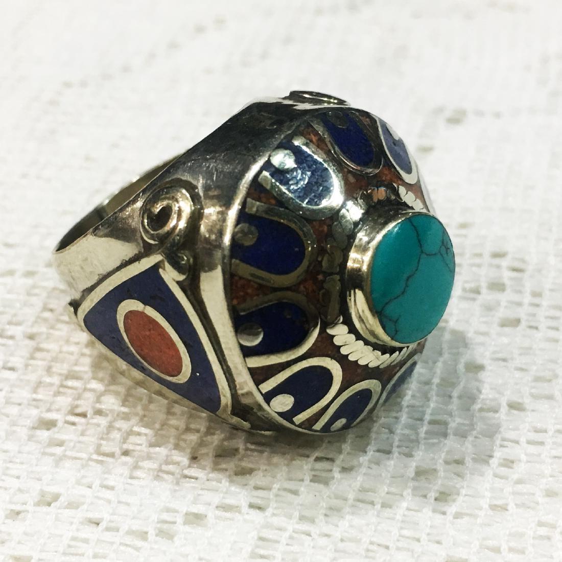 Vintage Tibetan Silver Turquoise Coral Lapis Ring (1 of 1)
