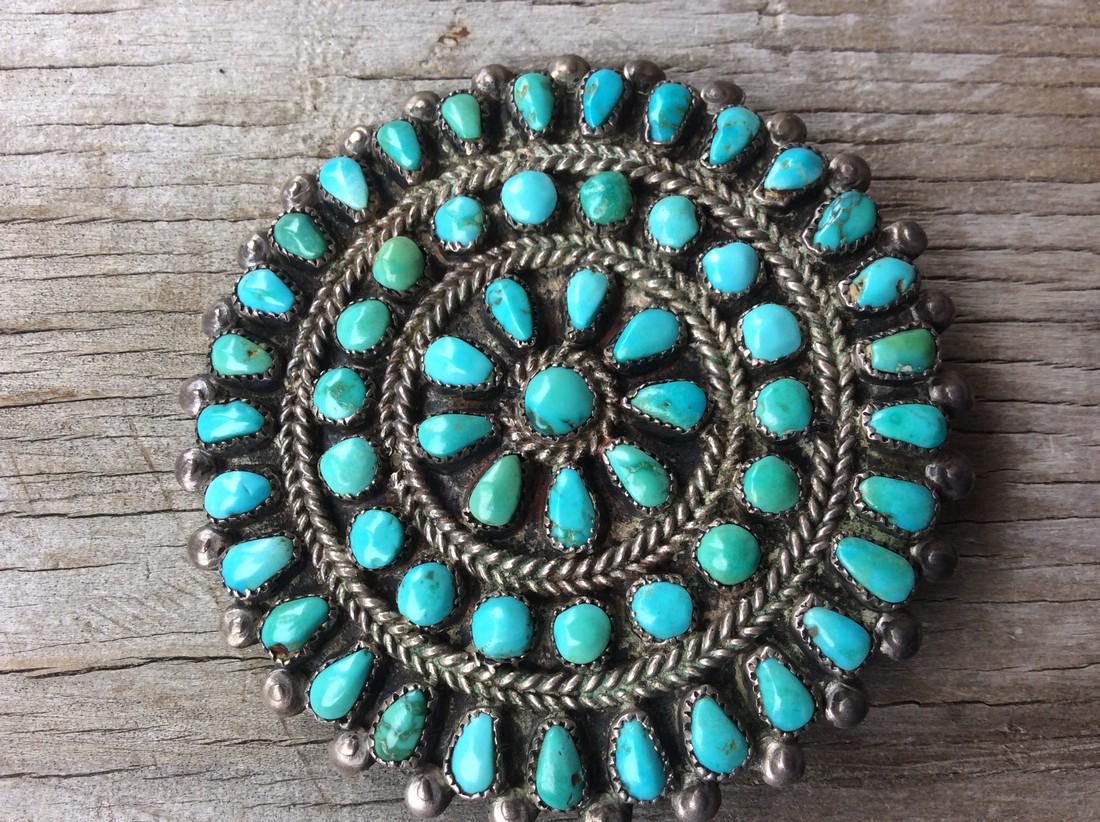 Vintage Silver Round Turquoise Pin, 1940s (1 of 6)