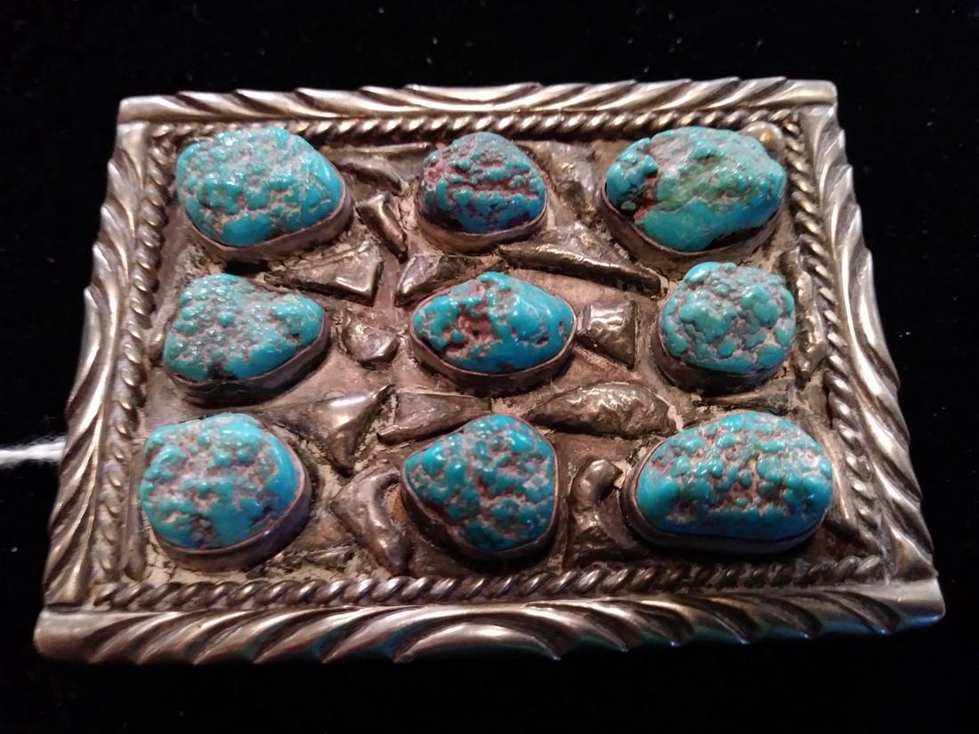 Sterling Silver Square Turquoise Belt Buckle, Signed (1 of 2)
