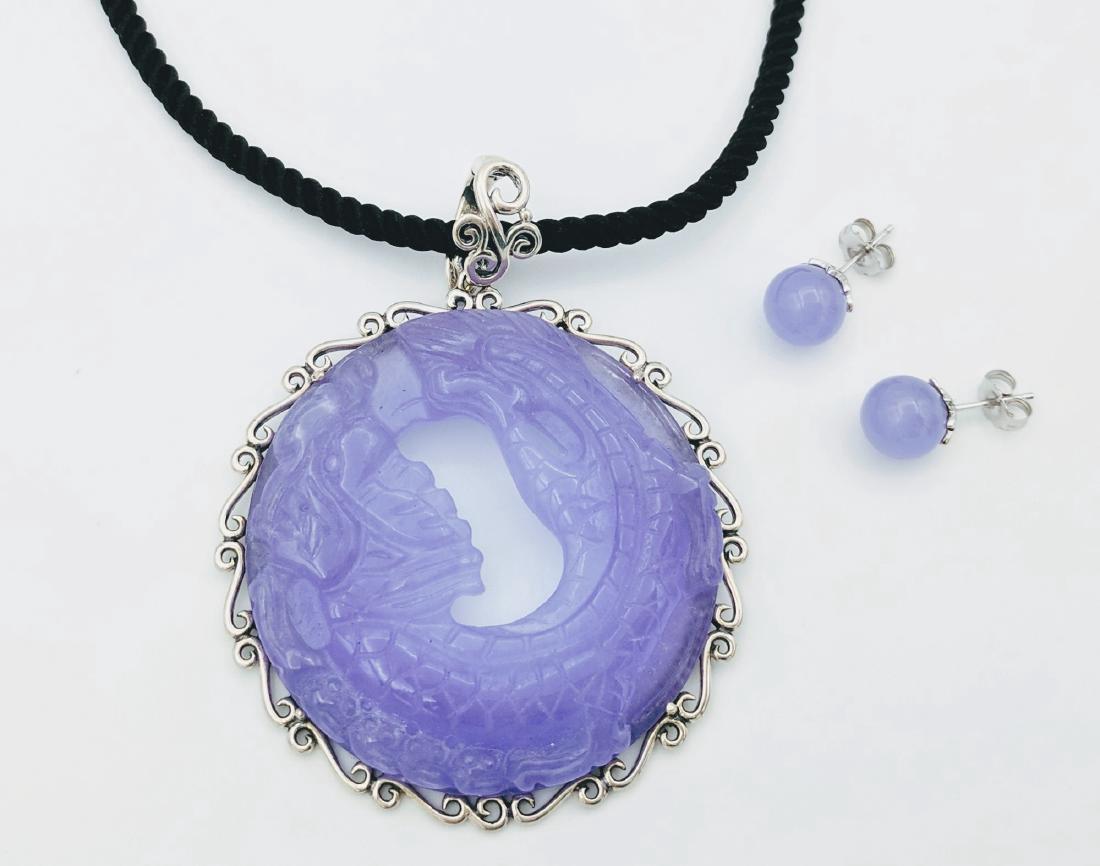 Sterling Silver Violet Jade Dragon Pendant Earrings Set (1 of 4)