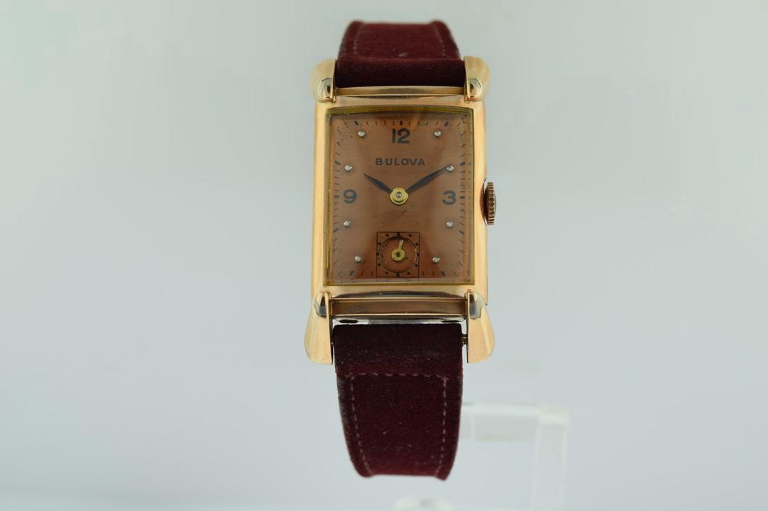 Bulova Deco 14K Gold Suede Strap Watch, 1940s (1 of 7)