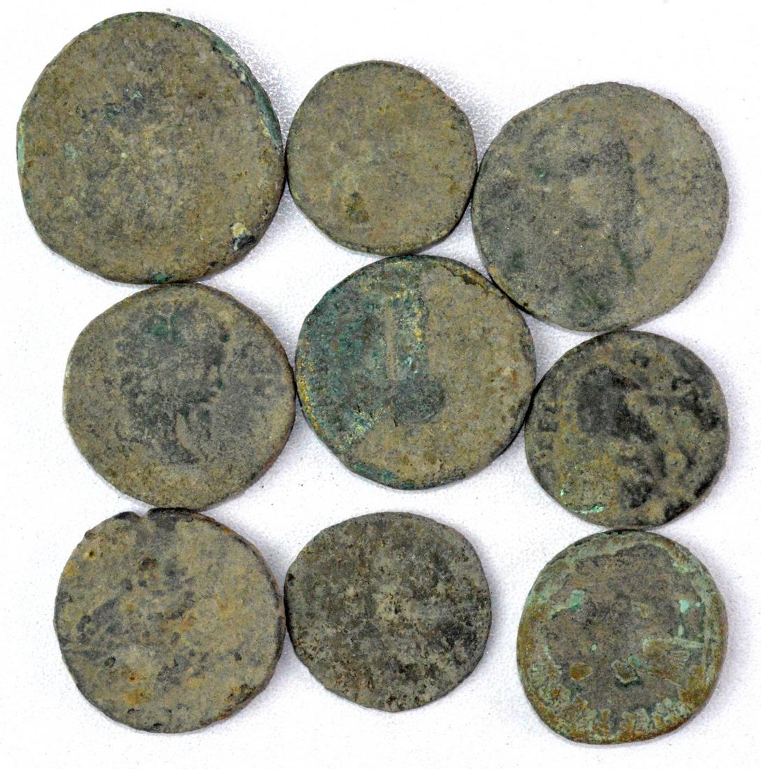 Lot of 9 Large Ancient Roman Coins for Cleaning (1 of 2)