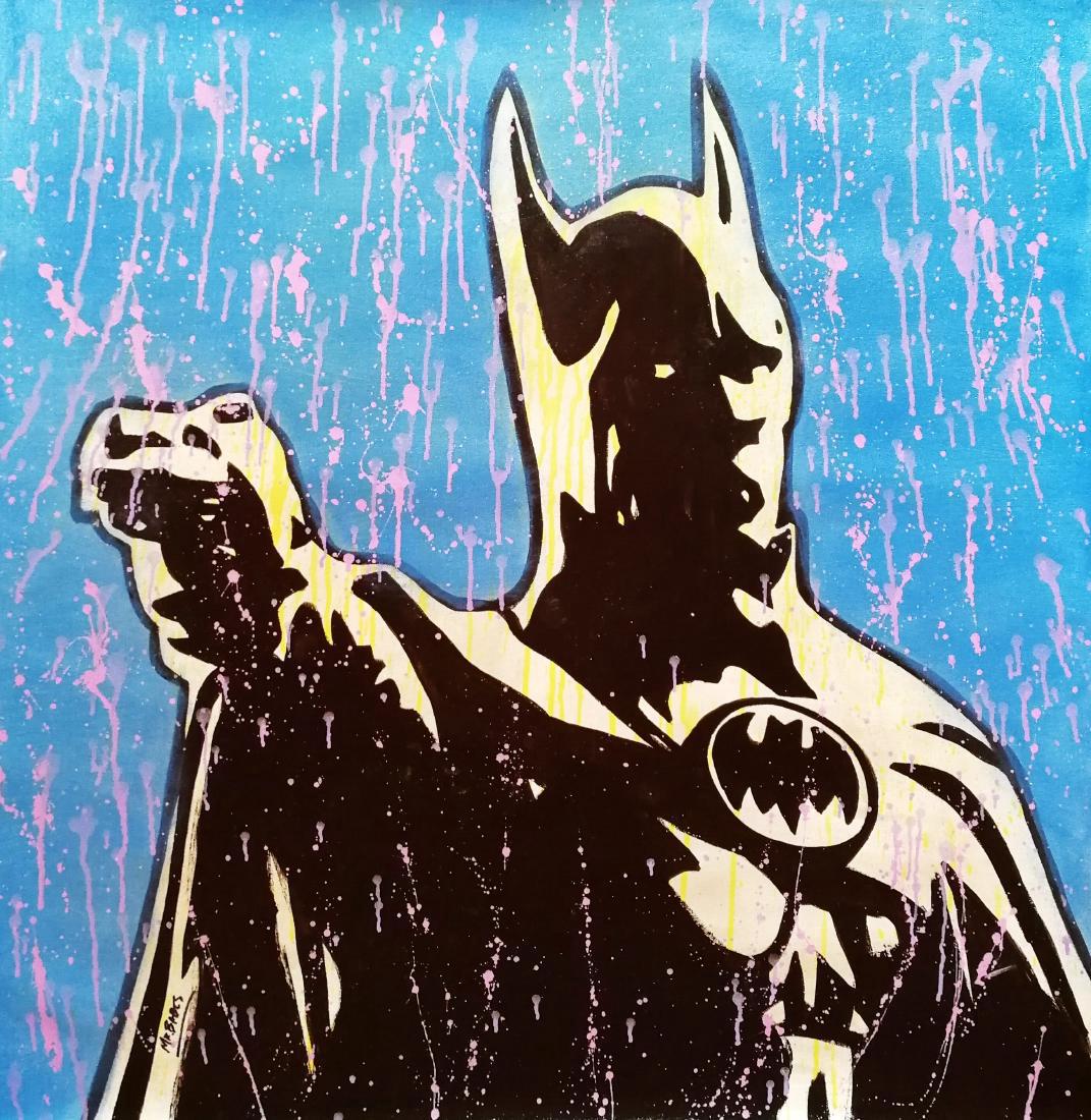 Mr. Babes Painting Batman: Mr. Babes Batman 2015 Acrylic on canvas 30 x 30 inches original Hand signed No Reserve: This lot starts at $1 and has no reserve as a courtesy so that collectors can determine the true market value on