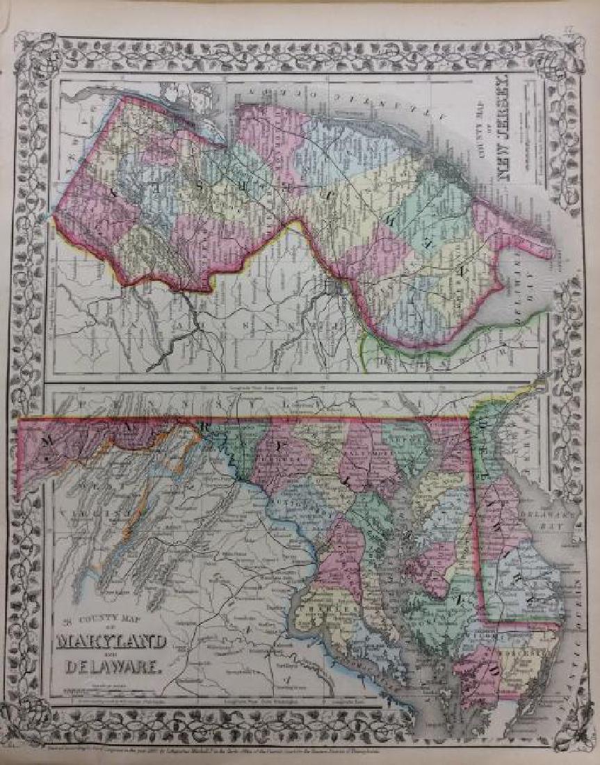 Mitchell: Antique Map of New Jersey Maryland Delaware: Title/Content of Map: New Jersey, Maryland & Delaware by Mitchell Date Printed: 1869 Cartographer: Augustus S. Mitchell Material/Medium: Paper Size: 12" x 15" Hand colored engraved Map. From 'Mitchell