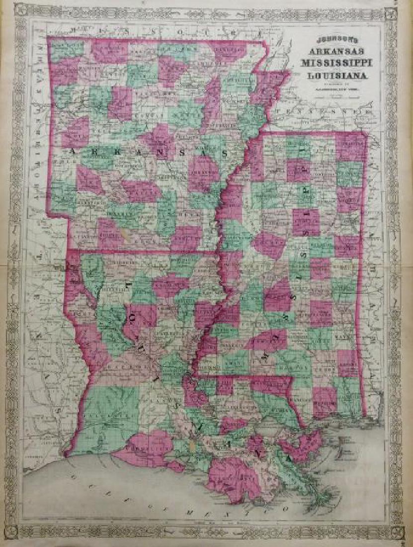 Johnson: Antique Map of Arkansas & Louisiana, 1868: Title/Content of Map: Johnson's Arkansas, Mississipi & Louisiana Date Printed: 1868 Cartographer: A. J. Johnson Material/Medium: Paper Size: 24" x 18" Hand colored engraved Map. From Johnson's New Ill