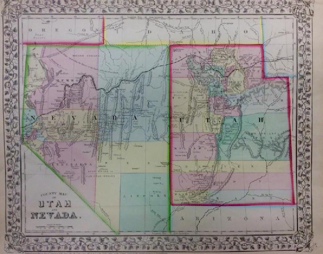 Mitchell: Antique Map of Nevada & Utah, 1869: Title/Content of Map: Nevada & Utah by Mitchell Date Printed: 1869 Cartographer: Augustus S. Mitchell Material/Medium: Paper Size: 12" x 15" Hand colored engraved Map. From 'Mitchell's New General Atl