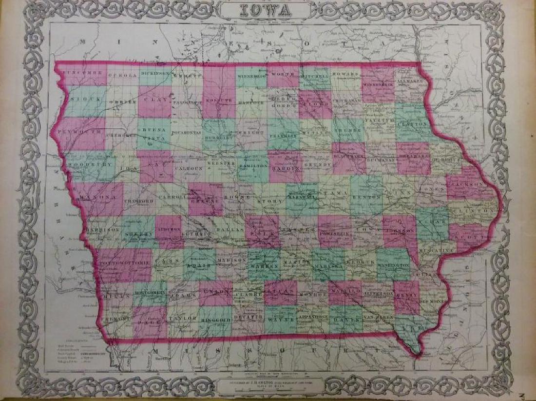 Colton: Antique Map of Iowa, 1861: Title/Content of Map: Iowa by Colton Date Printed: 1861 Cartographer: J.H. Colton Material/Medium: Paper Size: 17" x 13" Hand colored, steel engraved. From 'Colton's General Atlas. Published in New Yo