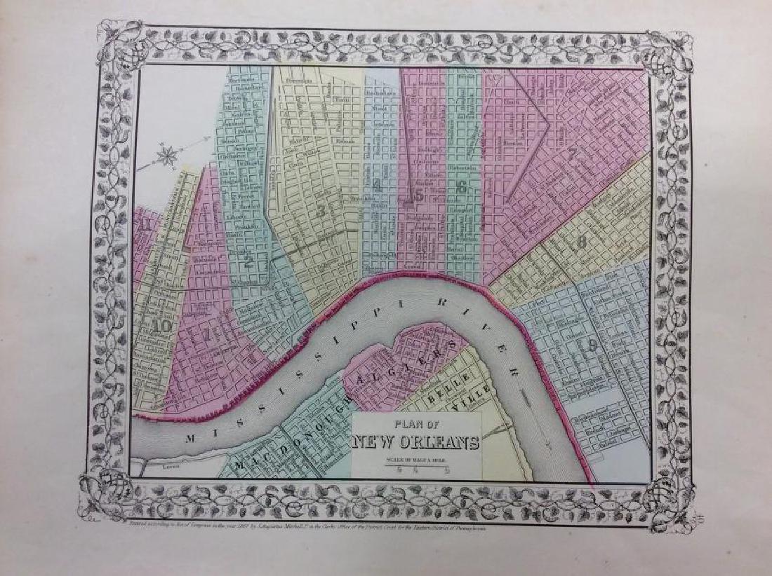 Mitchell: Antique Map of New Orleans, 1869: Title/Content of Map: New Orleans by Mitchell Date Printed: 1869 Cartographer: Augustus S. Mitchell Material/Medium: Paper Size: 12" x 15" Hand colored engraved Map. From 'Mitchell's New General Atlas