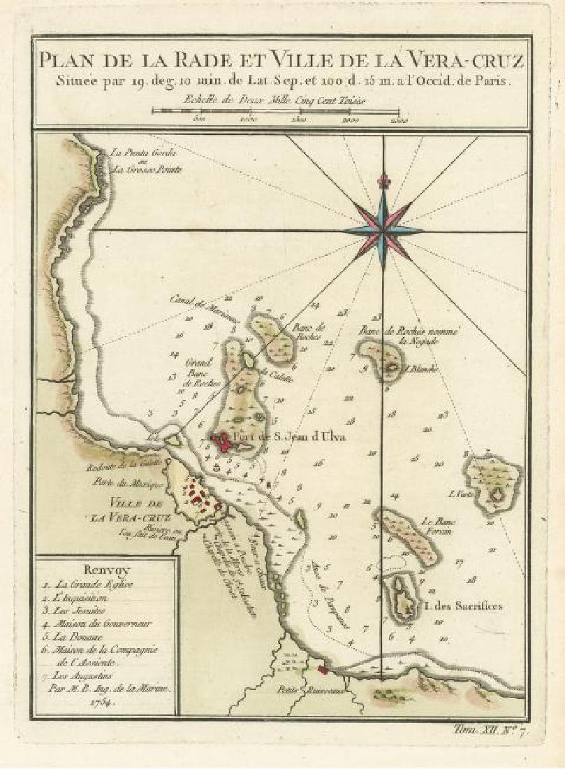 Bellin: Antique Map Plan of Veracruz, Mexico, 1754: Title/Content of Map: Plan de la Rade et Ville de la Vera-cruz. Situee par 19. deg. 10 min. de Lat. Sep. et 100 d. 15 m. a l'Occid de Paris Date Printed: 1754 Cartographer: Bellin, Jacques Nicolas Siz
