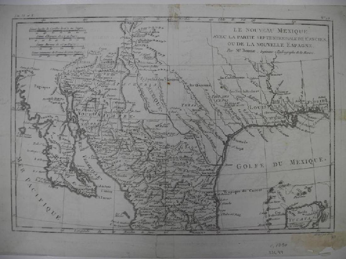 Bonne: Antique Map of Northern Mexico, 1790: Title/Content of Map: Le nouveau Mexique avec la partie septentrionale de lâ€™ancien, ou de La Nouvelle Espagne. Publication Date: 1790 ca. Authors: Rigobert Bonne with Dien, graveur Size: Quarto
