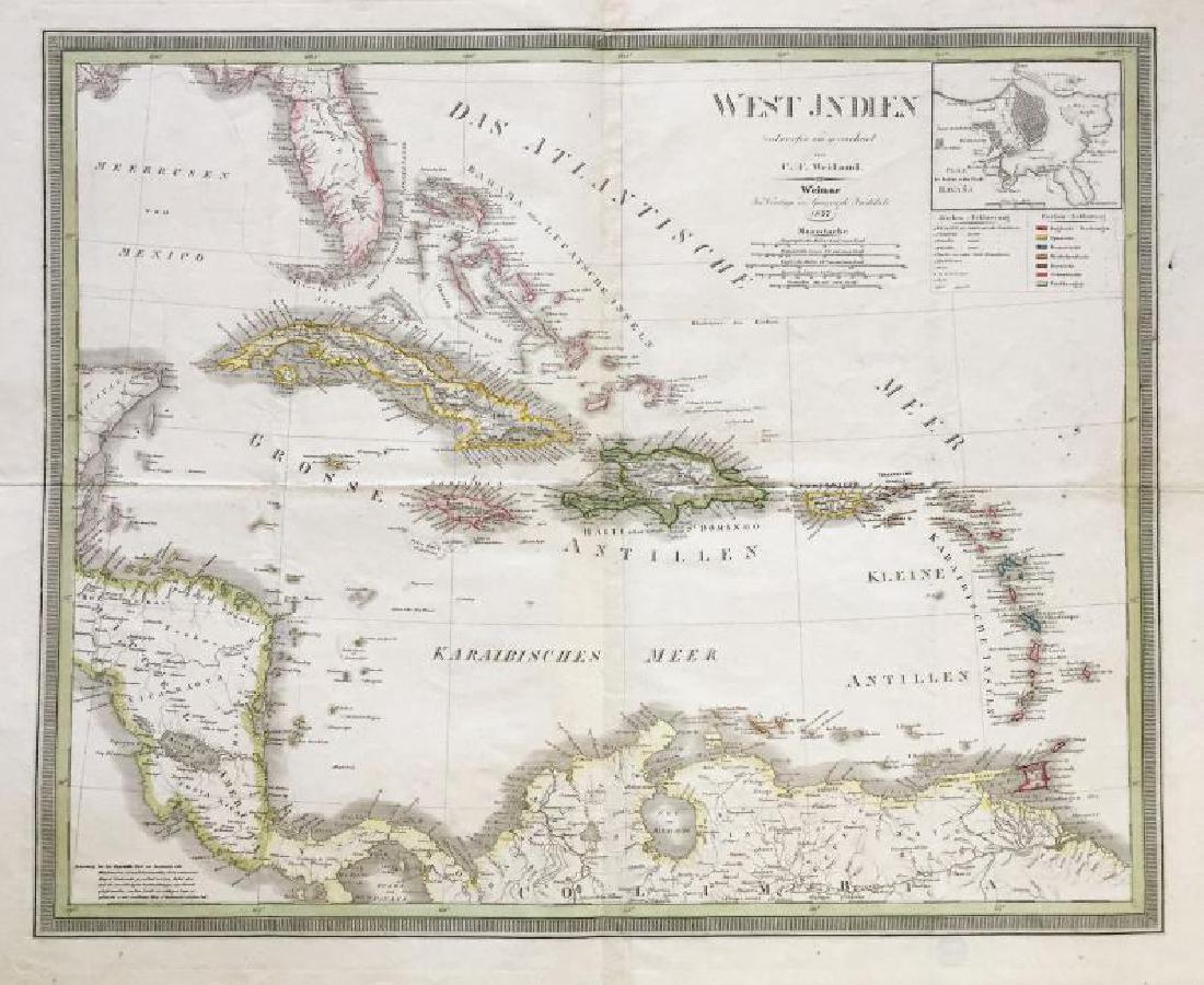 Weiland: Antique Map of Caribbean, Havana Inset, 1837: Map: West Jndien Cartographer: Weiland Place & Date: Weimar / 1837 Size: 23 1/4" x 18 7/8" Condition: outline color; overall age toning, some spotting and wrinkling, and light browning along the cente