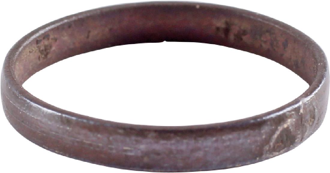 VIKING WOMAN'S WEDDING RING, 10th-11th CENTURIES: Bronze. Small size 4 for the small finger as was the custom in some areas. Narrow rounded band finely finished with bright glossy patina. Vikings exchanged rings on the pommel of the groom's sword. As
