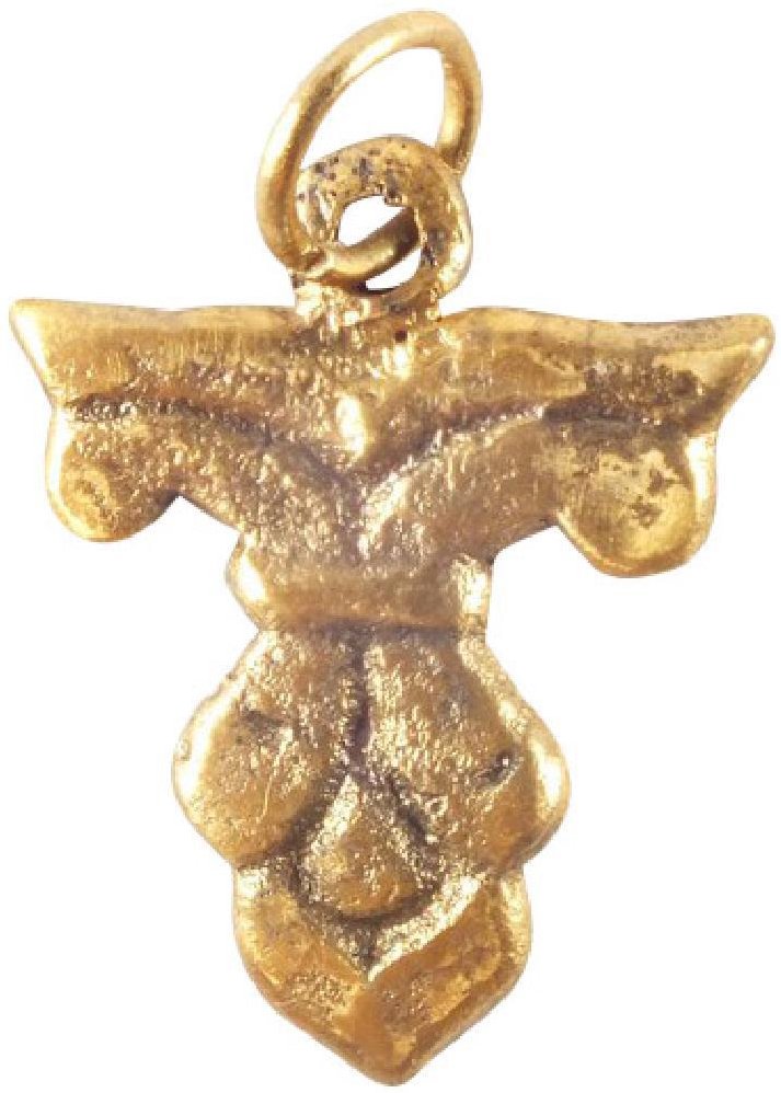 GOTHIC FRENCH PENDANT 1300-1450: Gilt bronze. Heraldic formed as a fleur-de-lys on bar, inverted. Just over 3/4" height. Worn as part of the elaborate trappings for man and horse in tournament and war reserve. Professionally refurbis