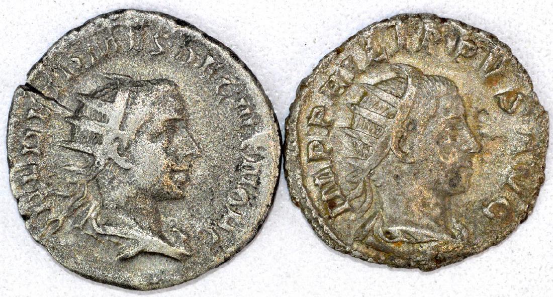 2 Ancient Roman Antoninianii of Gordian III and Philip: Date: 3rd C AD Material: silver Provenance: Obtained from an old German collection, acquired in Munich, purchased from a private collector. Dimensions: 20-22mm; 7grams Description: 2 Ancient Roman Ant