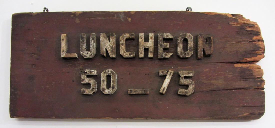 Luncheon Sign - Flo-jean's Restaurant: Luncheon Sign - Flo-Jean's Restaurant From Flo-Jean's Restaurant in Port Jervis, NY In as found condition- right side damaged due to outside wear/ possibly fire Early to mid 20th c. Bottom of 'L' repl
