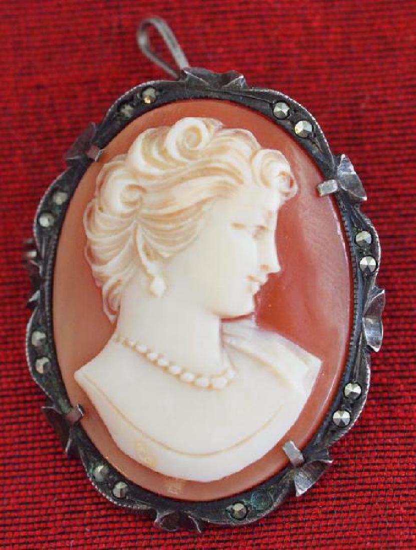 Italian 800 Silver Shell Marcasite Cameo Brooch/Pendant (1 of 7)