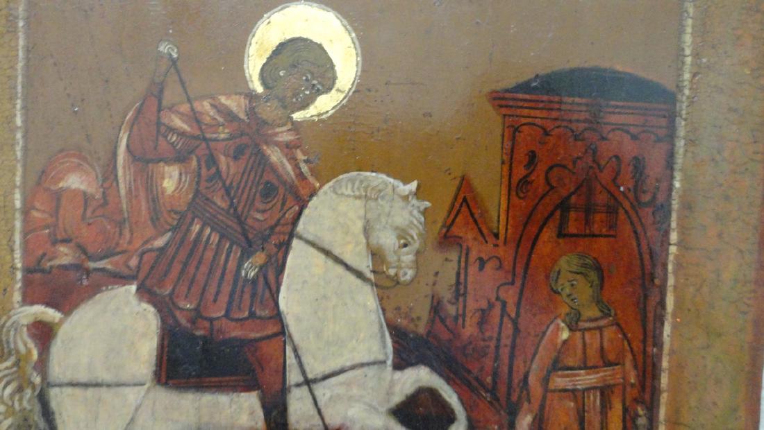 St George Antique Icon, 19th Century: Icon: St George Date: 1800 Materials: painted tempera on the wood Size: 10 3/4 x 8 " Shipping: Domestic: Flat-rate of $10 to anywhere within the contiguous U.S. International: Foreign shipping rates a