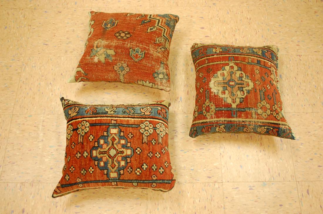 3 Detailed Fine Antique Rug Wool Pillow 1x1.5: 3 never used, hand sewn two matching inscribed pillows made by persian antique rug 1'5"x 1' 5" wool woven on cotton foundation made to last for decades to come color's include ivory, tan, red, gold, b
