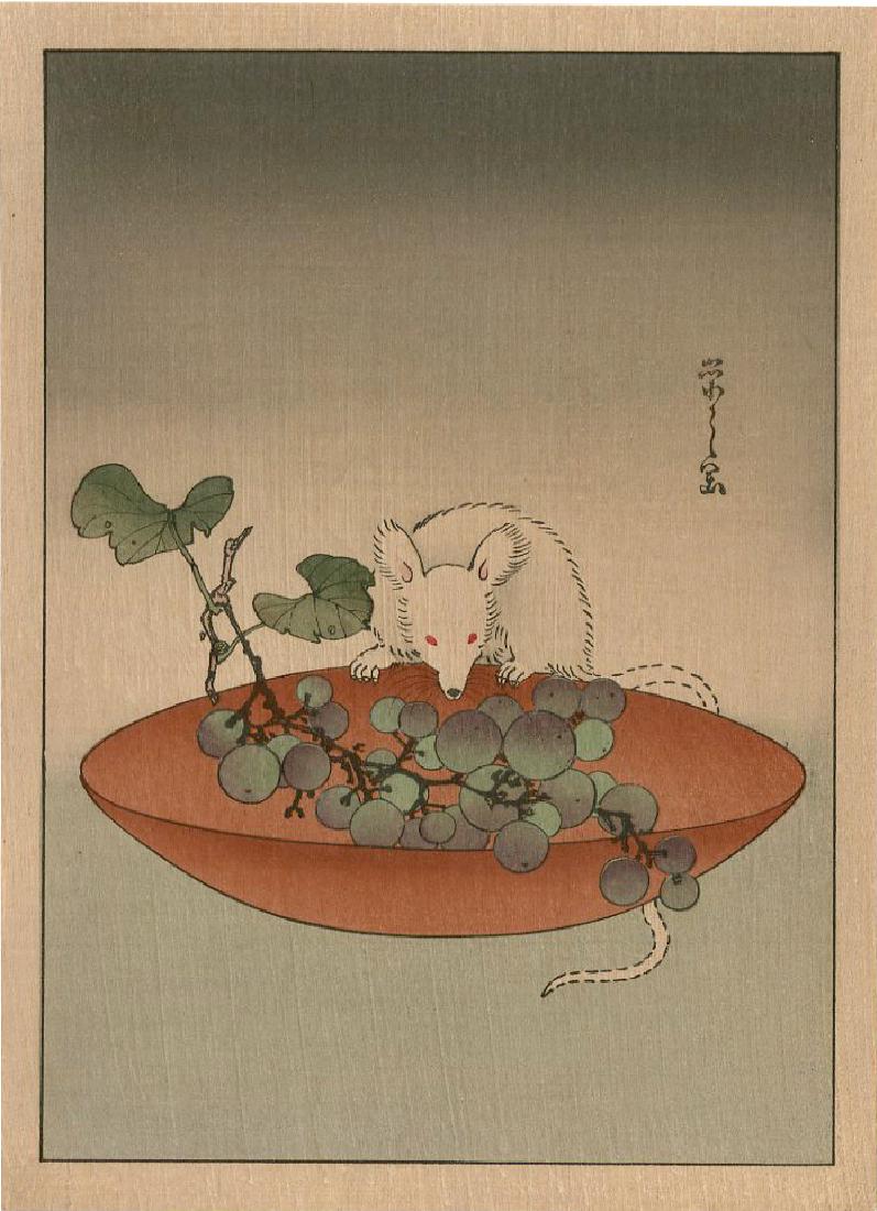 Eishi Chobunsai Woodblock Mouse and Grapes: Artist: Eishi Chobunsai Title: Mouse and Grapes Publisher: Nishinomiya Date: 1930s, printed from recarved blocks Medium: Japanese Woodblock Print Size: 7.5 X 10.2 inches Provenance: from the Robert O.