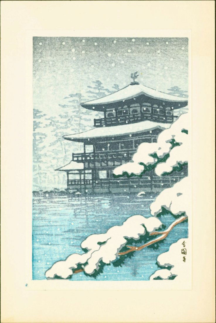Kawase Hasui Woodblock Kinkakuji Temple in Snow (1 of 2)