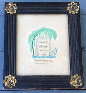 Rare Southern Memorial Watercolor and Engraved Print: Rare Southern (Abbeville, SC) Memorial Watercolor and Engraved Print Tuttle family. Daughter Laura Eugenia. Buried in Abbeville, SC 1832 In meta lmounted black metal frame. 6.25" by 7" 1832 Shipping: