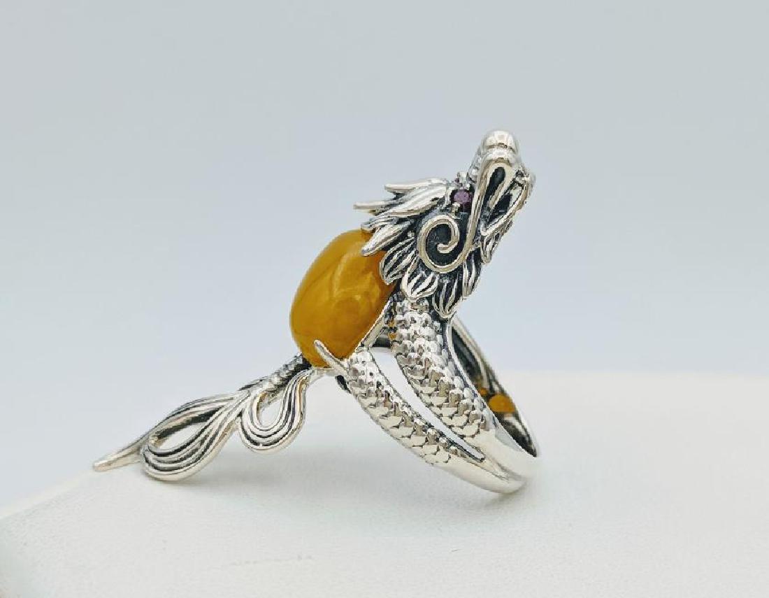 Sterling Silver Yellow Jade Ruby Figural Dragon Ring (1 of 3)