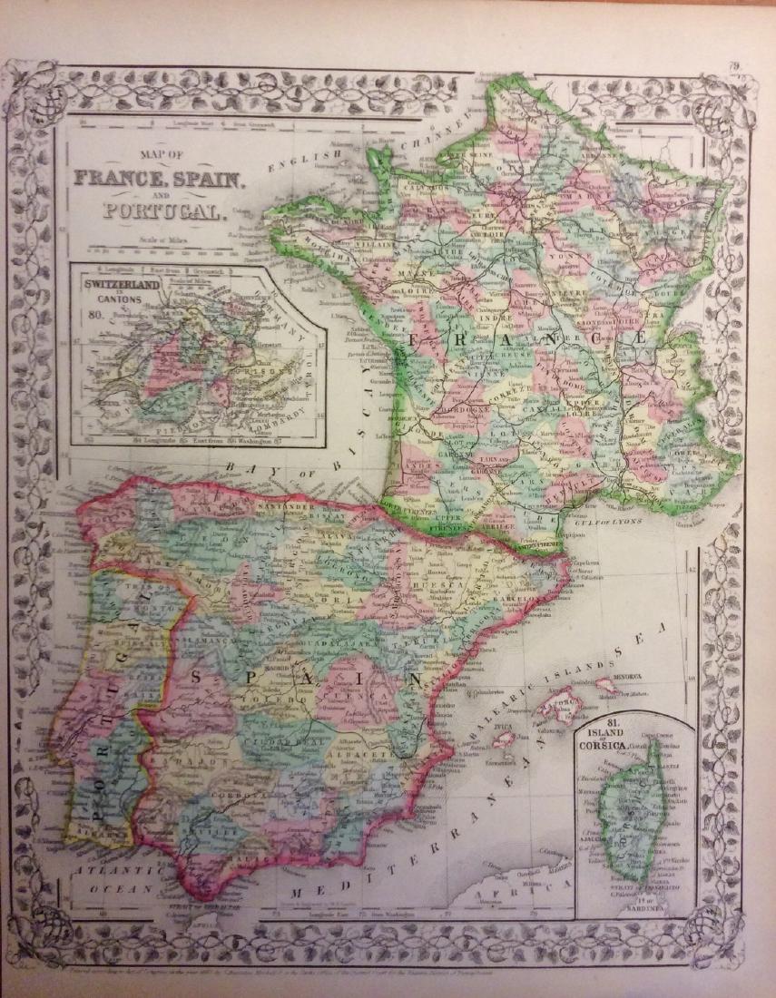 Mitchell: Antique Map of France Spain Portugal, 1869: Title/Content of Map: France, Spain, Portugal with insert of Switzerland Date Printed: 1869 Cartographer: Augustus S. Mitchell Material/Medium: Paper Size: 12" x 15" Hand colored engraved Map. From hi