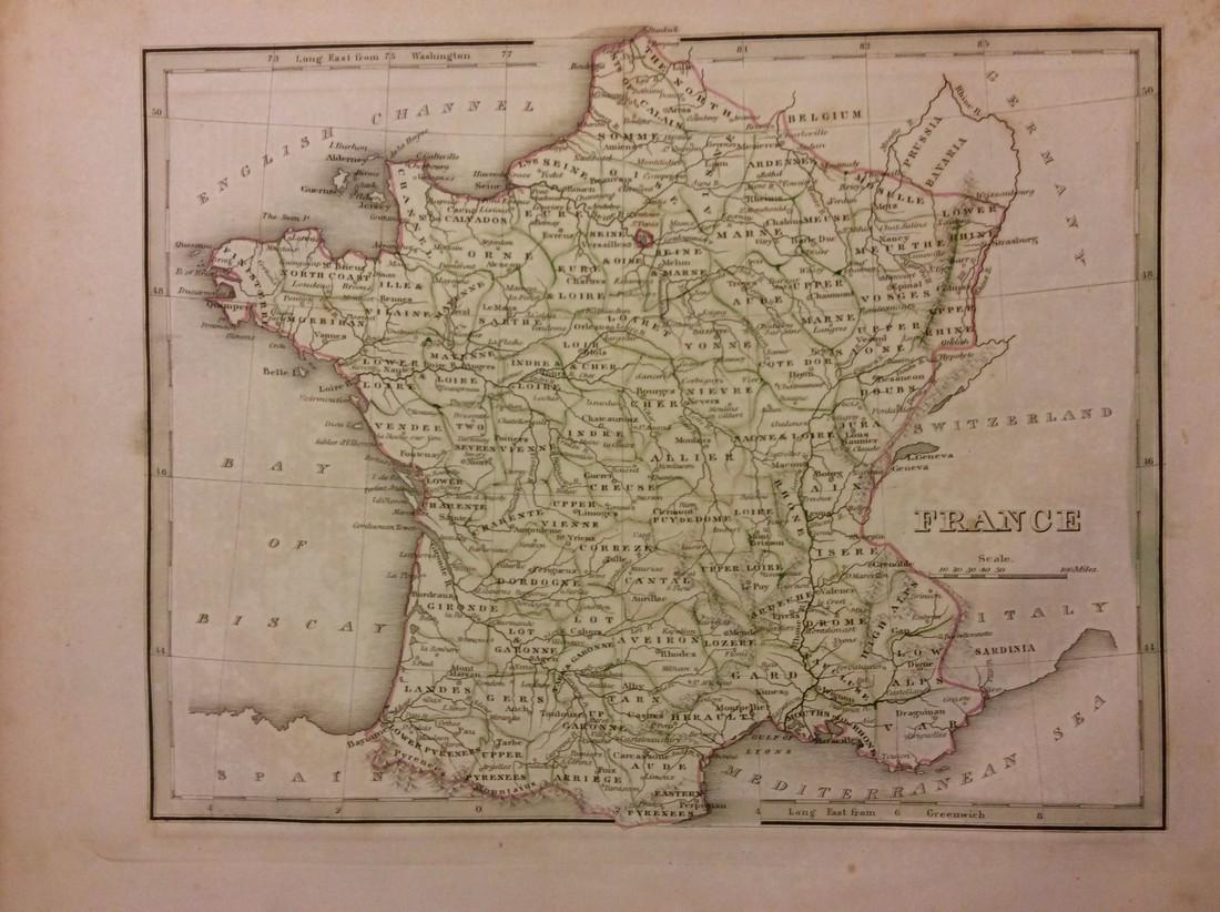 Bradfrod: Antique Map of France, 1835: Title/Content of Map: France Date Printed: 1835 Cartographer: T.G. Bradfrod Material/Medium: Paper Size: 13" x 10" Hand colored outlines. Published in Philadelphia. A comprehensive Atlas Geographical,