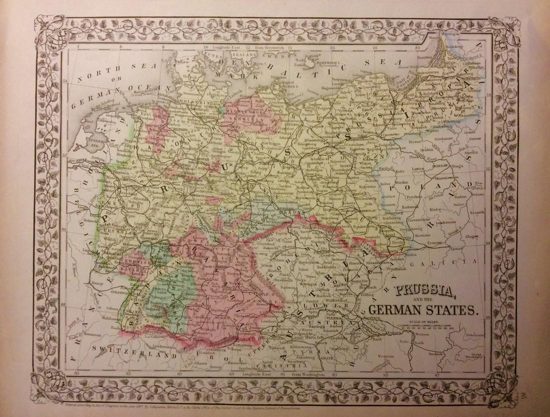 Mitchell: Antique Map of Prussia & German States, 1869: Title/Content of Map: Prussia & German States Date Printed: 1869 Cartographer: Augustus S. Mitchell Material/Medium: Paper Size: 15" x 12" Hand colored engraved Map. From his 'Mitchell's New General A