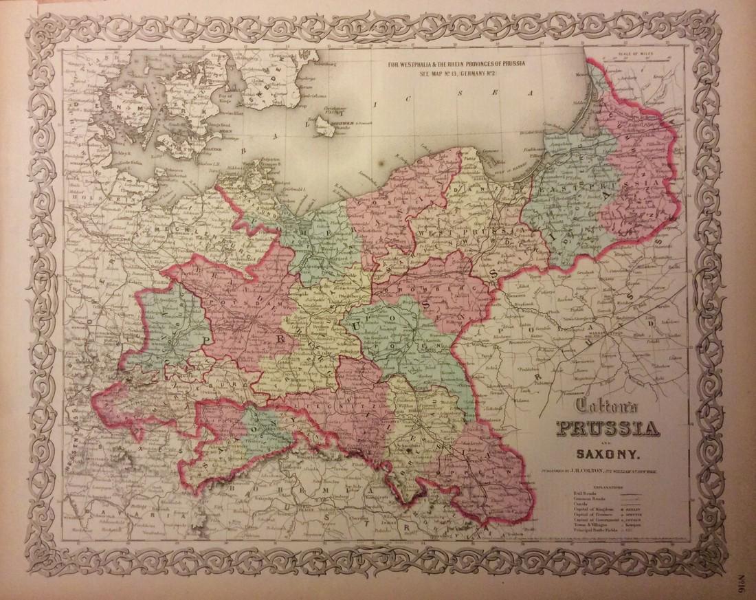 Colton: Antique Map of Prussia, 1861: Title/Content of Map: Prussia Date Printed: 1861 Cartographer: J. H. Colton Material/Medium: Paper Size: 17" x 14" Hand colored, steel engraved. From Colton's 'General Atlas.' Published in New York. J