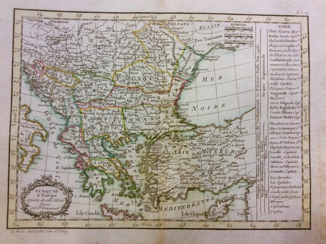 Lattre: Antique Map of The Balkans, 1791: Title/Content of Map: The Balkan's Date Printed: 1791 Cartographer: J Lattre Material/Medium: Paper Size: 11" x 8 1/2" Published in Petit Atlas Moderne Ou Collection De Cartes Elementaire. Published i