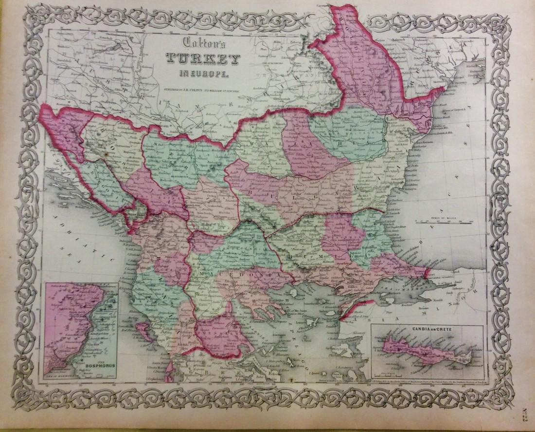 Colton: Antique Map of Turkey in Europe, 1861: Title/Content of Map: Colton's Turkey in Europe: Greece, Macedonia, Romania, Albania, Croatia, Serbia & Bulgaria Date Printed: 1861 Cartographer: J. H. Colton Material/Medium: Paper Size: 17 1/2" x 13