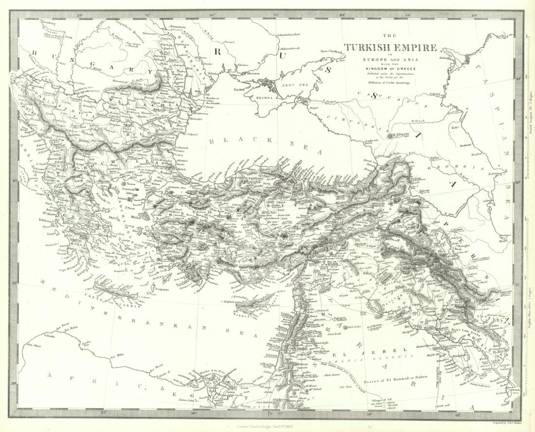 SDUK: Antique Map of the Turkish Empire in Europe, 1852 (1 of 1)