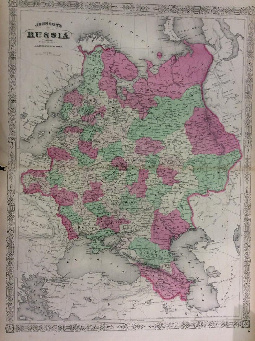 Johnson: Antique Map of Russia, 1868: Title/Content of Map: Johnson's Russia Date Printed: 1868 Cartographer: A. J. Johnson Material/Medium: Paper Size: 26" x 18" Hand colored engraved Map. From Johnson's New Illustrated Family Atlas of t