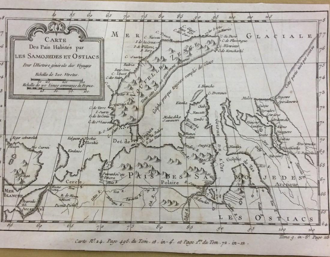 Bellin: Antique Map of New Zembla Island, 1750: Title/Content of Map: Island of New Zembla Northern Russia Arctic Ocean Date Printed: 1750's -60's Cartographer: Jacques Nicolas Bellin Material/Medium: Paper Size: 9 1/2" x 7" Copperplate engraving. 