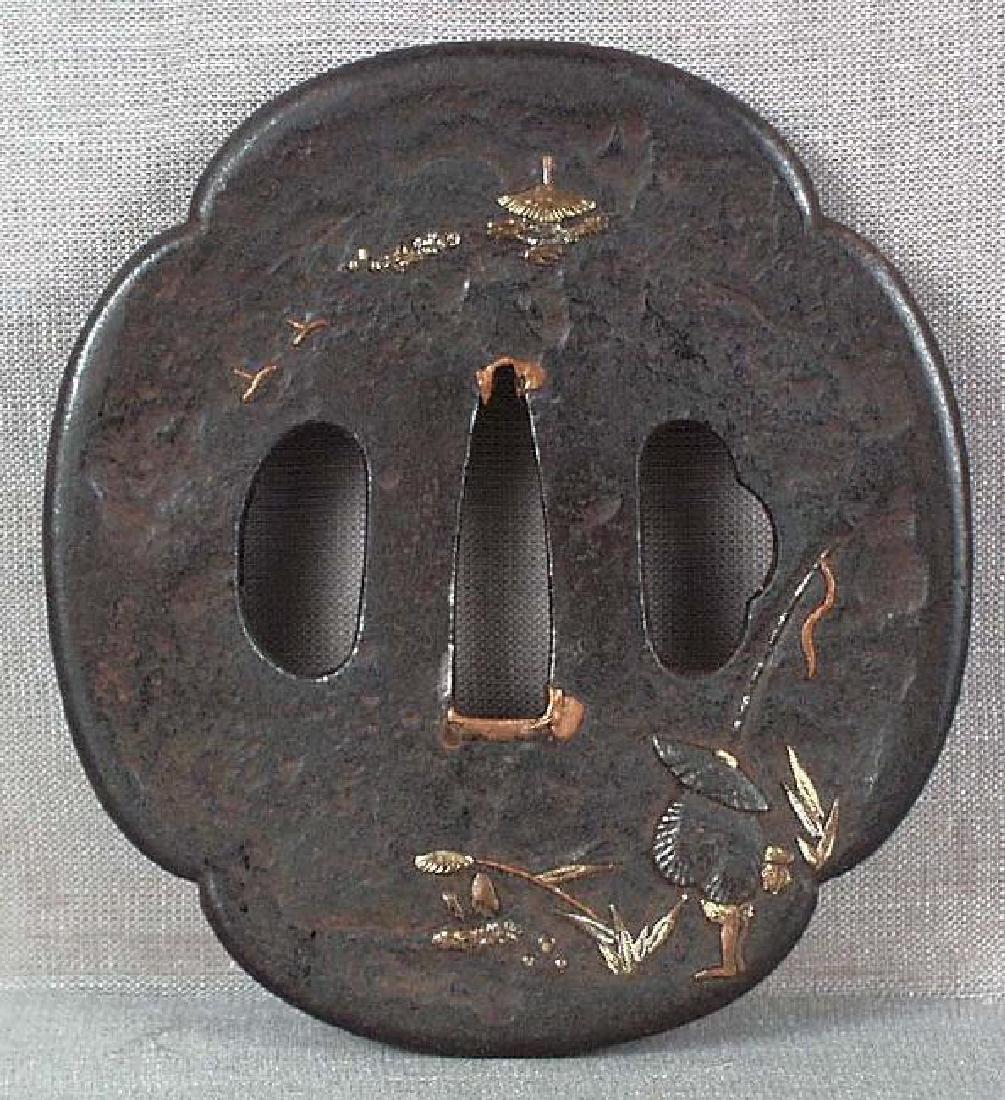 Antique Japanese Sword Tsuba Fisherman & Temple (1 of 4)