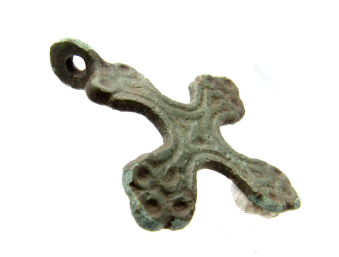 Medieval Viking Scandinavian Cross: Date: 900-1100 AD Material: bronze Provenance: Obtained from an old Austrian Collection, Purchased from a private collector in Vienna. Dimensions: 30x25mm; 2.5grams Description: Medieval Viking Scandi
