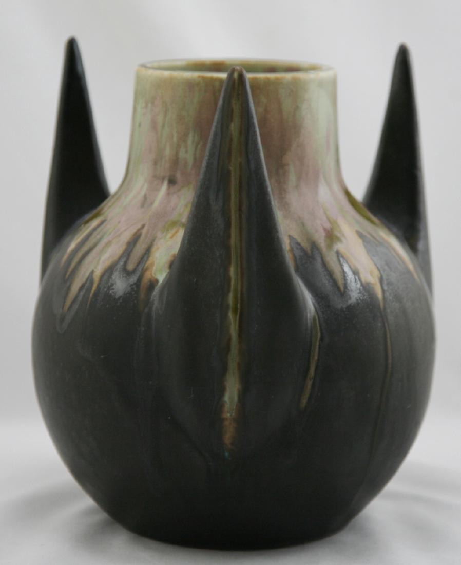 Metenier Vessel In Rich Chocolate Drip Glaze c1920: This very impressive Metenier vessel stands 9" high by 7" in diameter. It was designed and produced by Gilbert Metenier, one of France's great clay artists. It has three pointed handles on a bulbous b