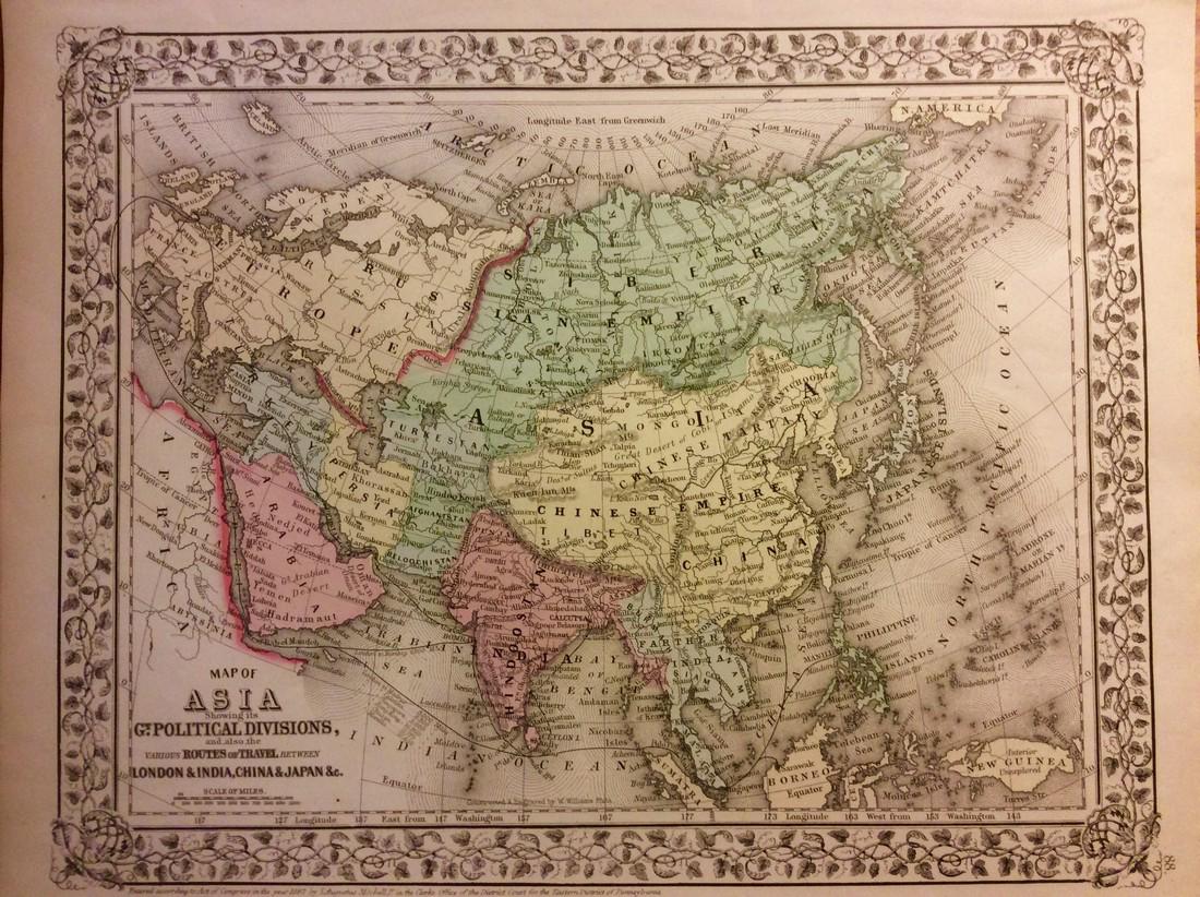 Mitchell: Antique Map of Asia, 1869: Title/Content of Map: Asia Date Printed: 1869 Cartographer: Augustus S. Mitchell Material/Medium: Paper Size: 15" x12" Published in Philadelphia. From Mitchell's 'New General Atlas.' Hand colored, eng