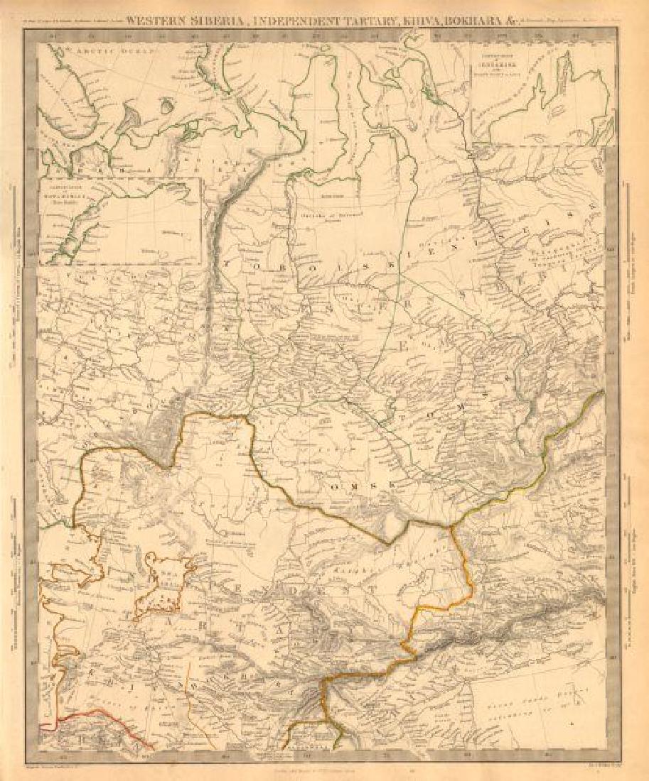 SDUK: Antique Map of Central Asia & Siberia, 1846: Title/Content of Map: 'WESTERN SIBERIA, INDEPENDENT TARTARY, KHIVA, BOKHARA &c' Date Printed: 1846 Image Size: Approx 42.0 x 34.5cm, 16.5 x 13.75 inches (Large) Type: Antique steel engraved map with o
