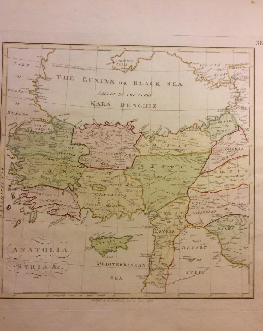 Stackhouse: Antique Map of Turkey and Syria, 1783: Title/Content of Map: Turkey and Syria Date Printed: 1783 Cartographer: Thomas Stackhouse Material/Medium: Paper Size: 16" x 20" Published in London in 'An universal Atlas.' Original hand color, coppe