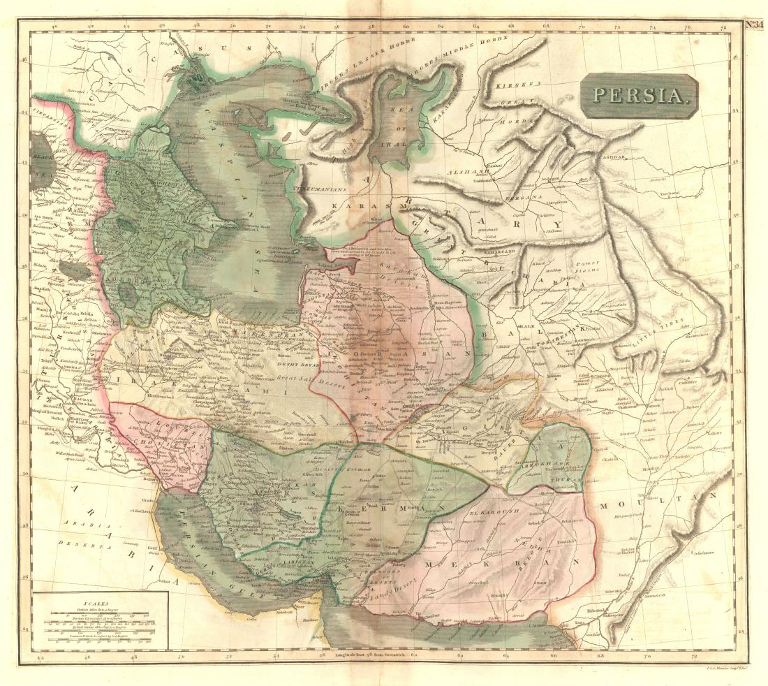 Thomson: Antique Map of Persia, 1817: Map: Persia. Publication Date: 1817 Cartographer: THOMSON, JOHN & CO. Publisher: JOHN THOMSON, JUNR. & CO. 1817 EDINBURGH Size: Double Folio – 17.50 H x 19.00 W Inches No.34 from Thomson's New Gener