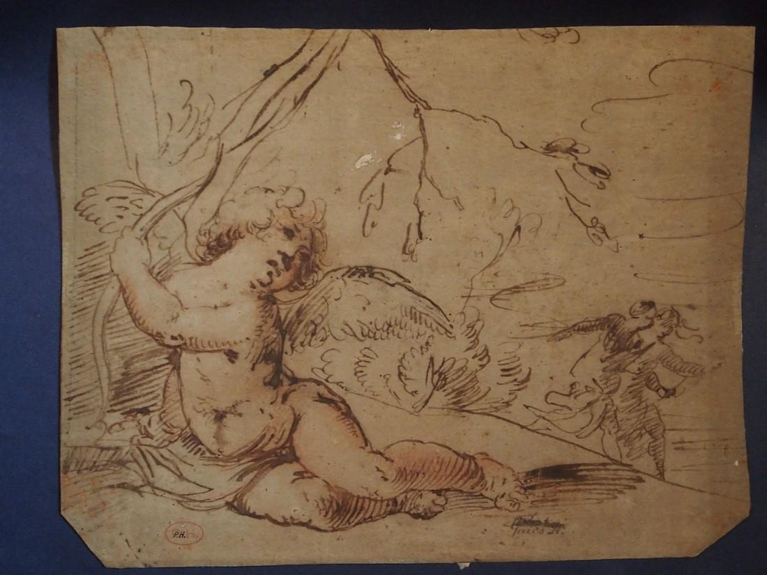Attributed to Guido Reni-1575-1642 Reni Angel: Attributed to Guido Reni-1575-1642. Reni Angel. Pen/wash/ink. 11x9. Museum quality drawing attributed to Guido Reni. The angel is very characteristic of the angels in the painting, National Gallery, L