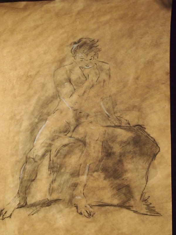 18th Cent European Drawing Male Figural Study: 18th Cent European Drawing. Male Figural Study. Charcoal. 18x12.5. Looks to be an academic figural study of a thinking man. Large, on parcement like paper. Nicely done. Provenance: Litchfield Auctions